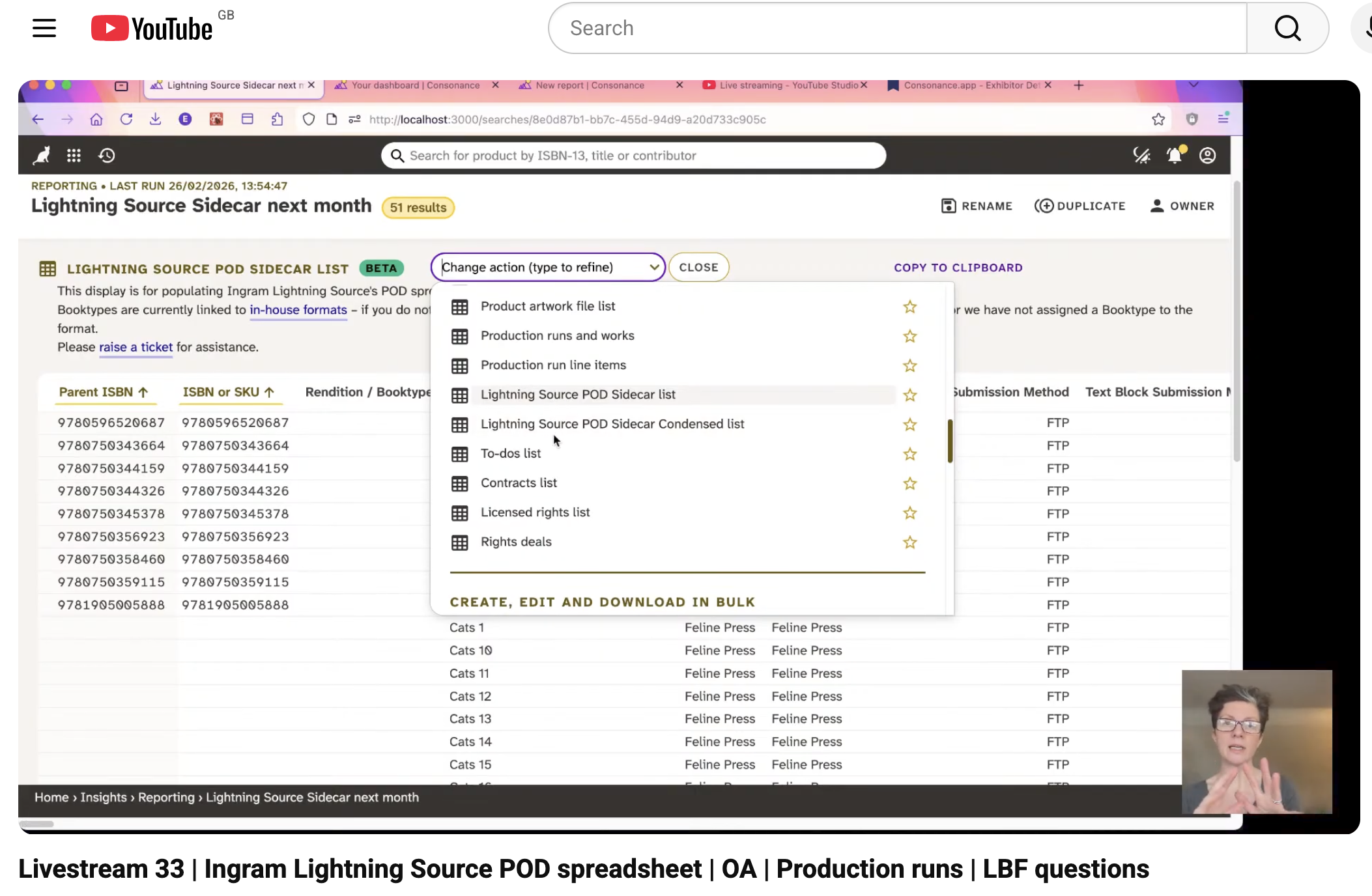 A still from the Livestream showing the ingram lightning source spreadsheet.