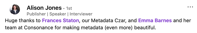 Screenshot from LinkedIn: 'thanks to Consonance team for making metadata even more beautiful'