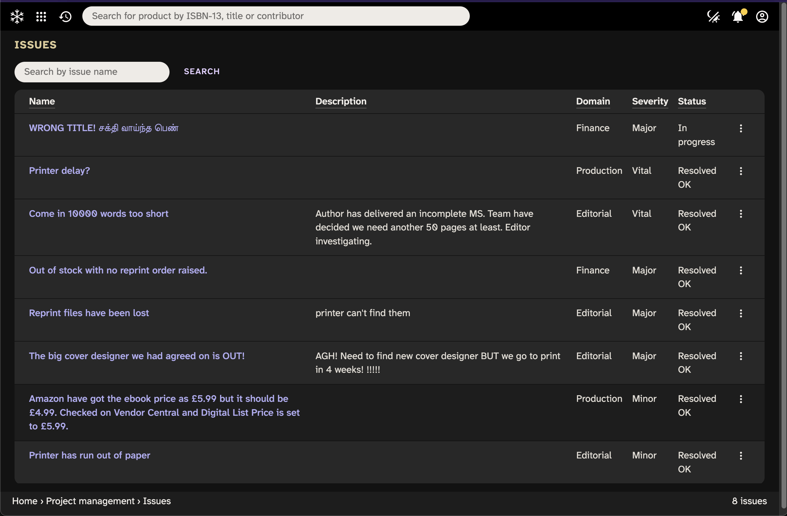 Screenshot of Issues page