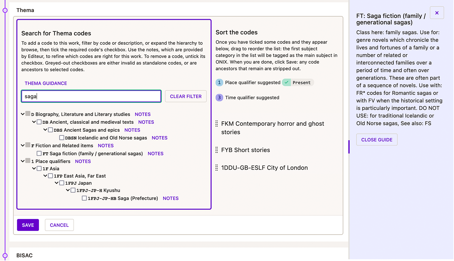 Screenshot of Thema subject classification codes in Consonance.