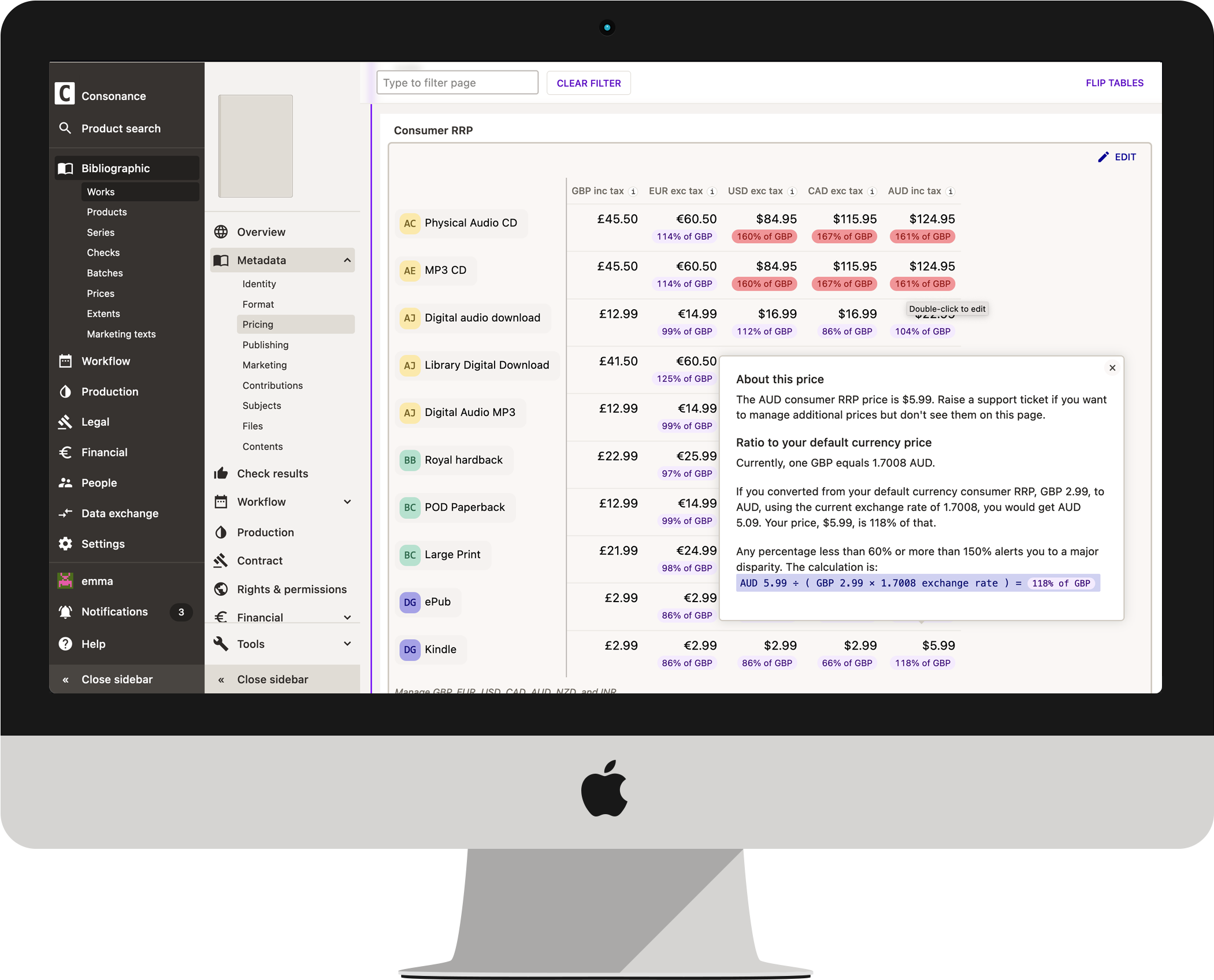 the products page on the Consonance web app, with one row expanded to show detailed data